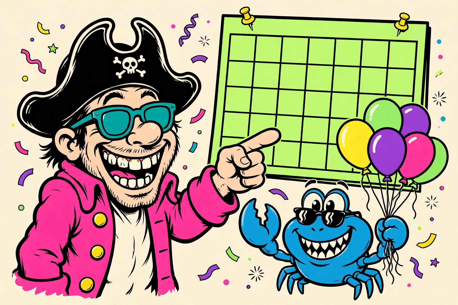 Captain Baltimore pointing at a big blank calendar while his blue crab friend holds a bunch of party balloons