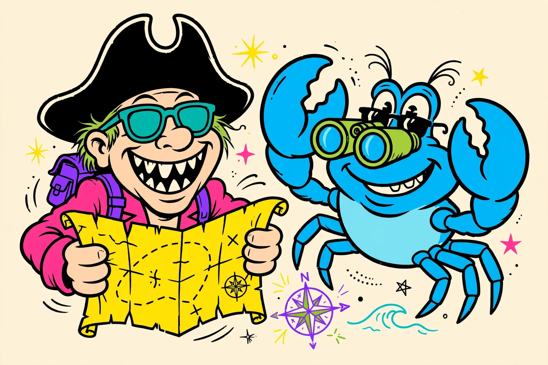 Captain Baltimore holding a treasure map with a backpack while his blue crab friend peers through binoculars