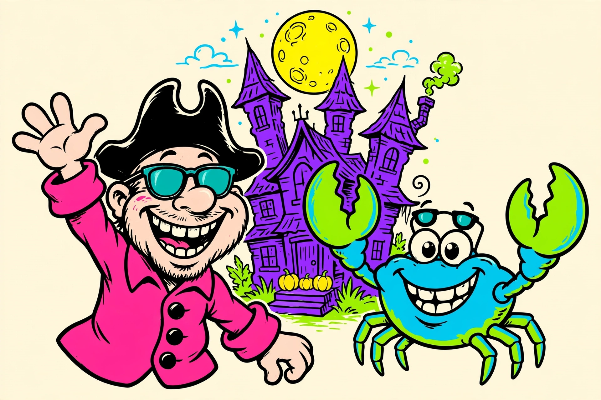 Captain Baltimore and his blue crab friend waving goodbye in front of a purple haunted mansion under a full moon