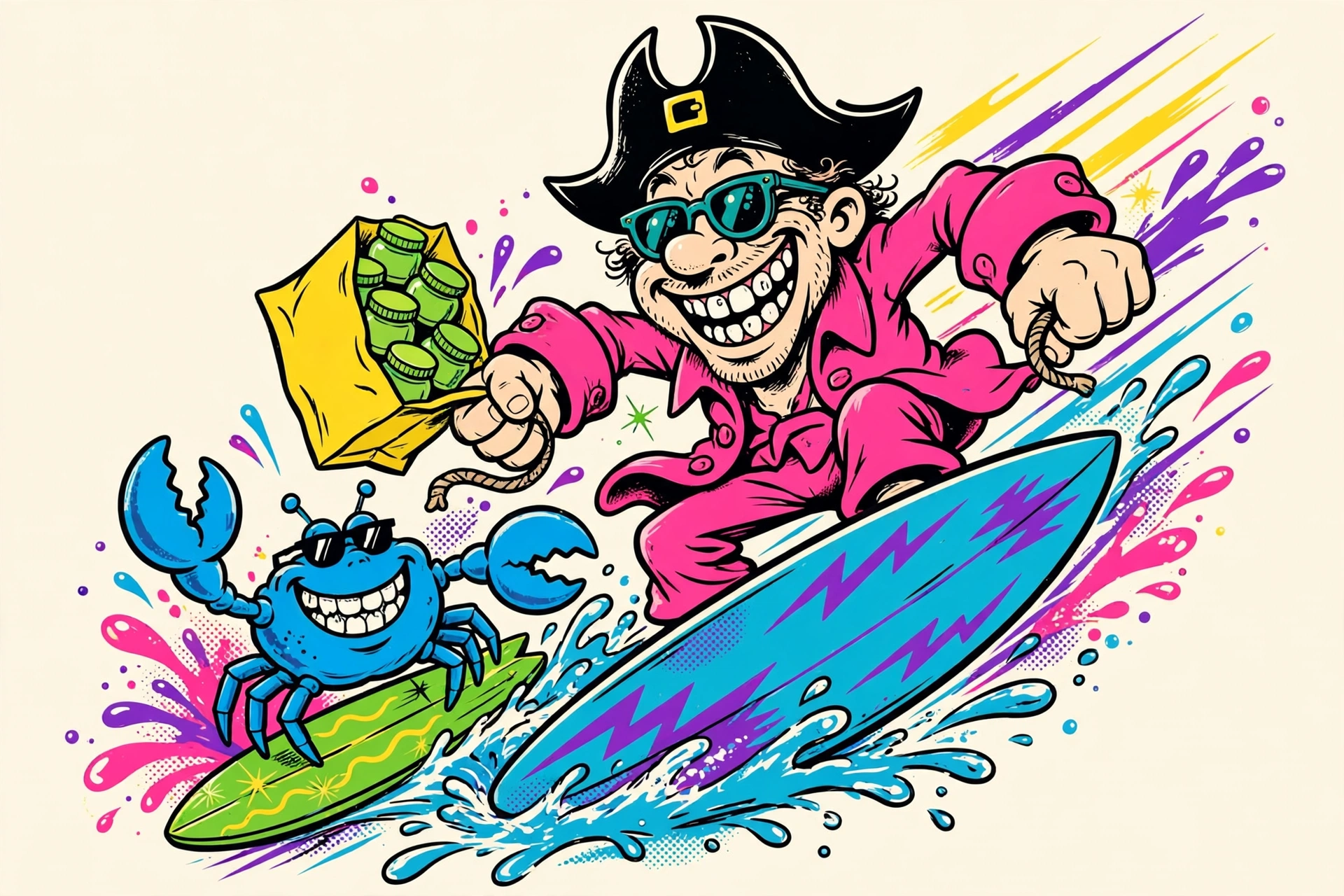 Captain Baltimore surfing with a shopping bag of green jars alongside his blue crab sidekick