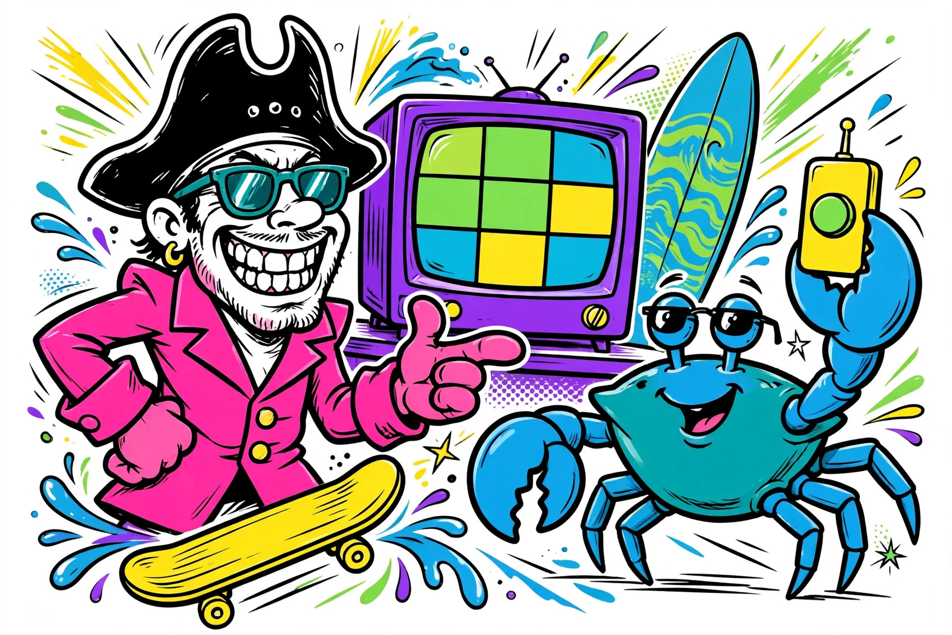 Captain Baltimore and the blue crab at a bar TV game board, phone up as a buzzer