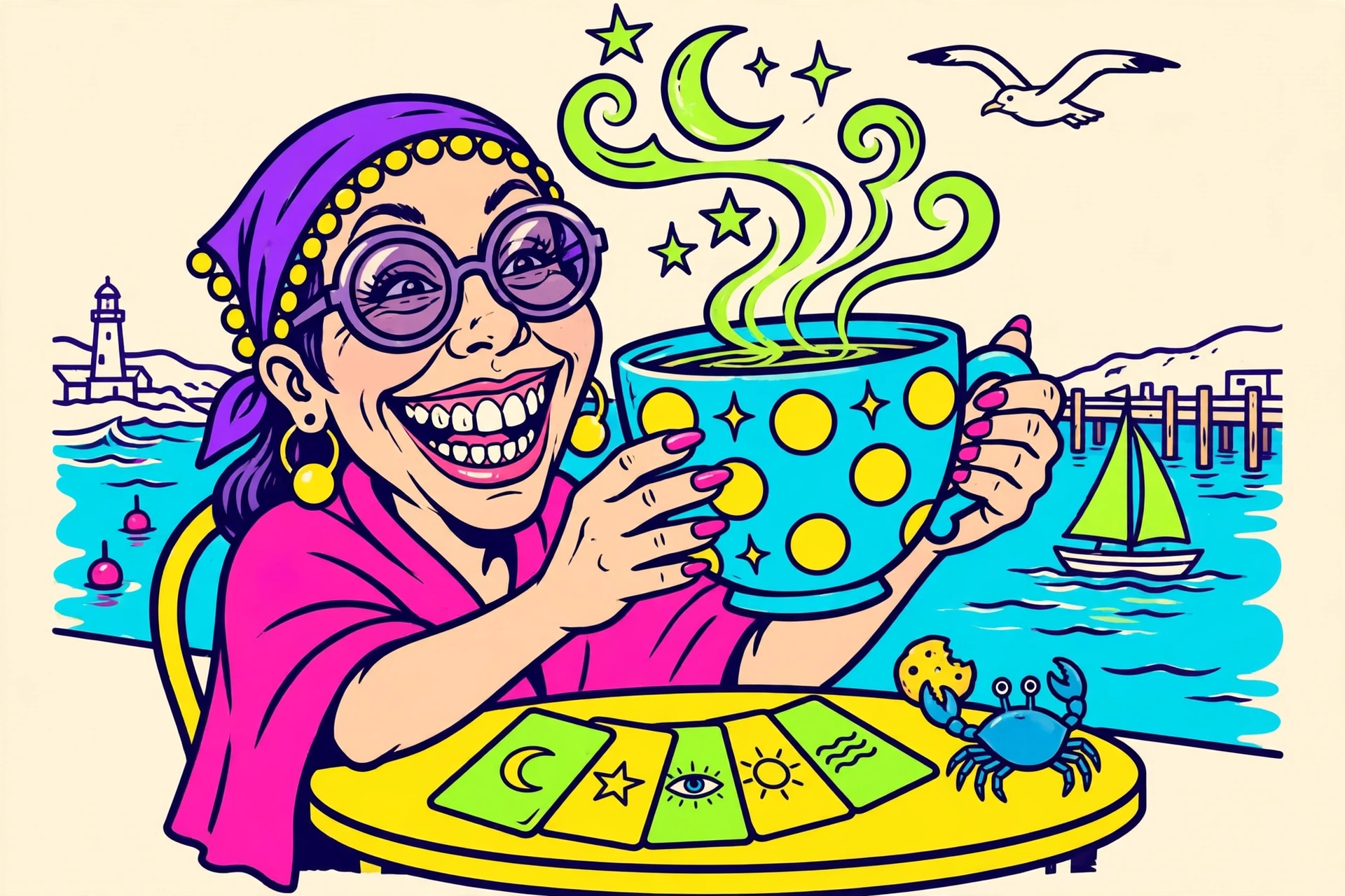 Tasha Tarot tea-leaf reading by the harbor