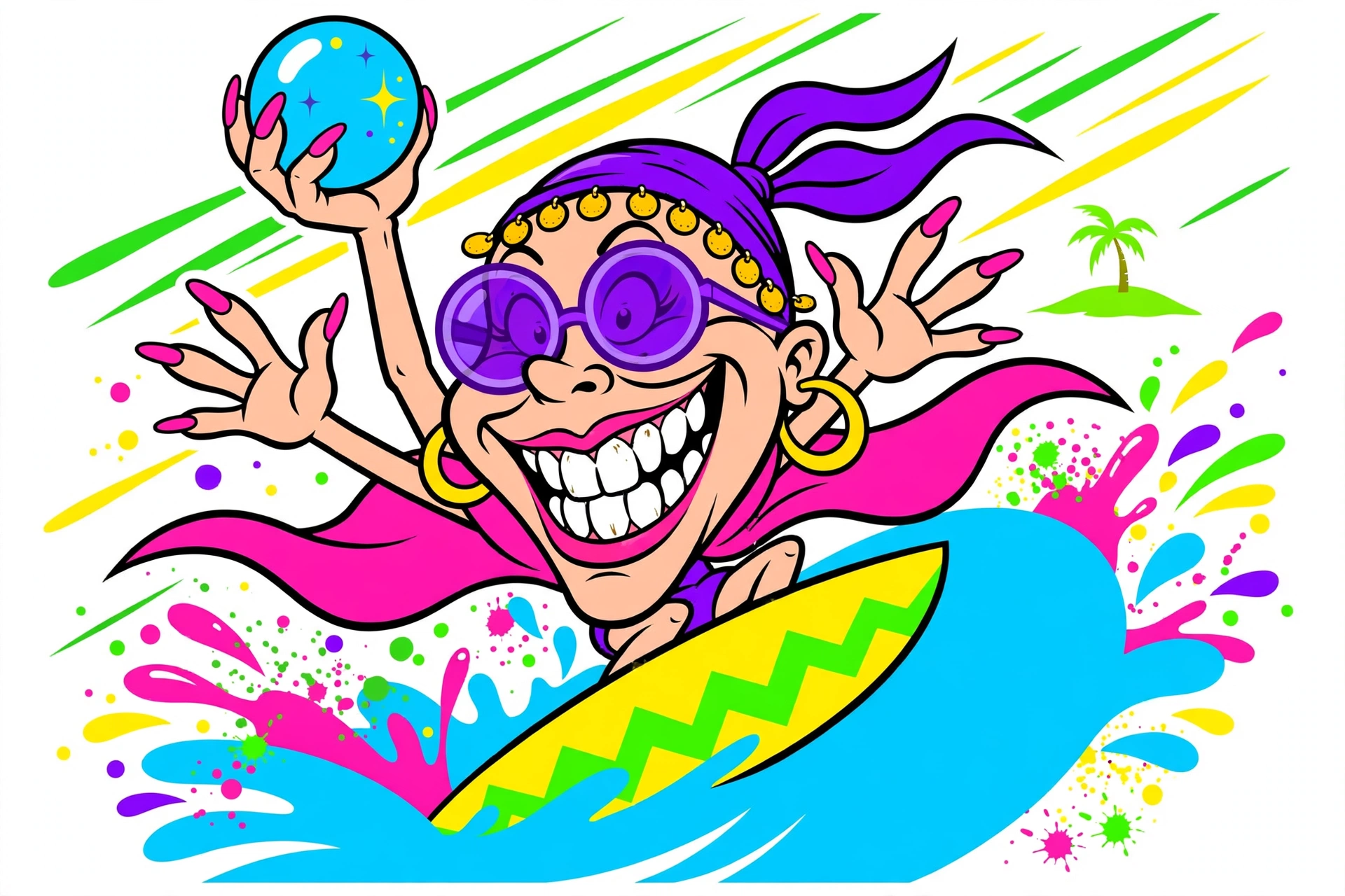 Tasha Tarot horoscope art — Tasha surfing with her crystal ball, retro surf-cartoon style