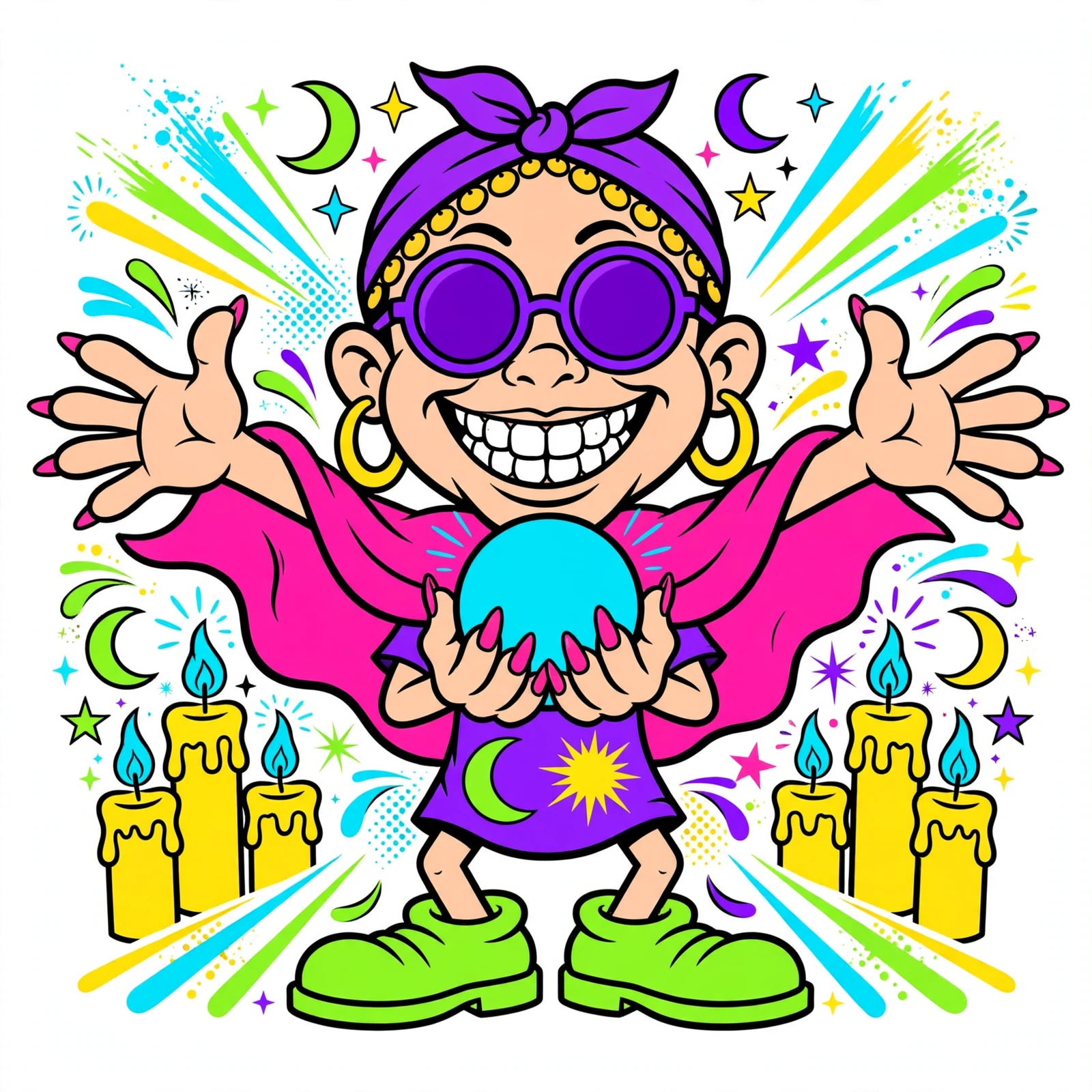 Tasha Tarot horoscope art — Tasha hero pose with crystal ball, retro surf-cartoon style