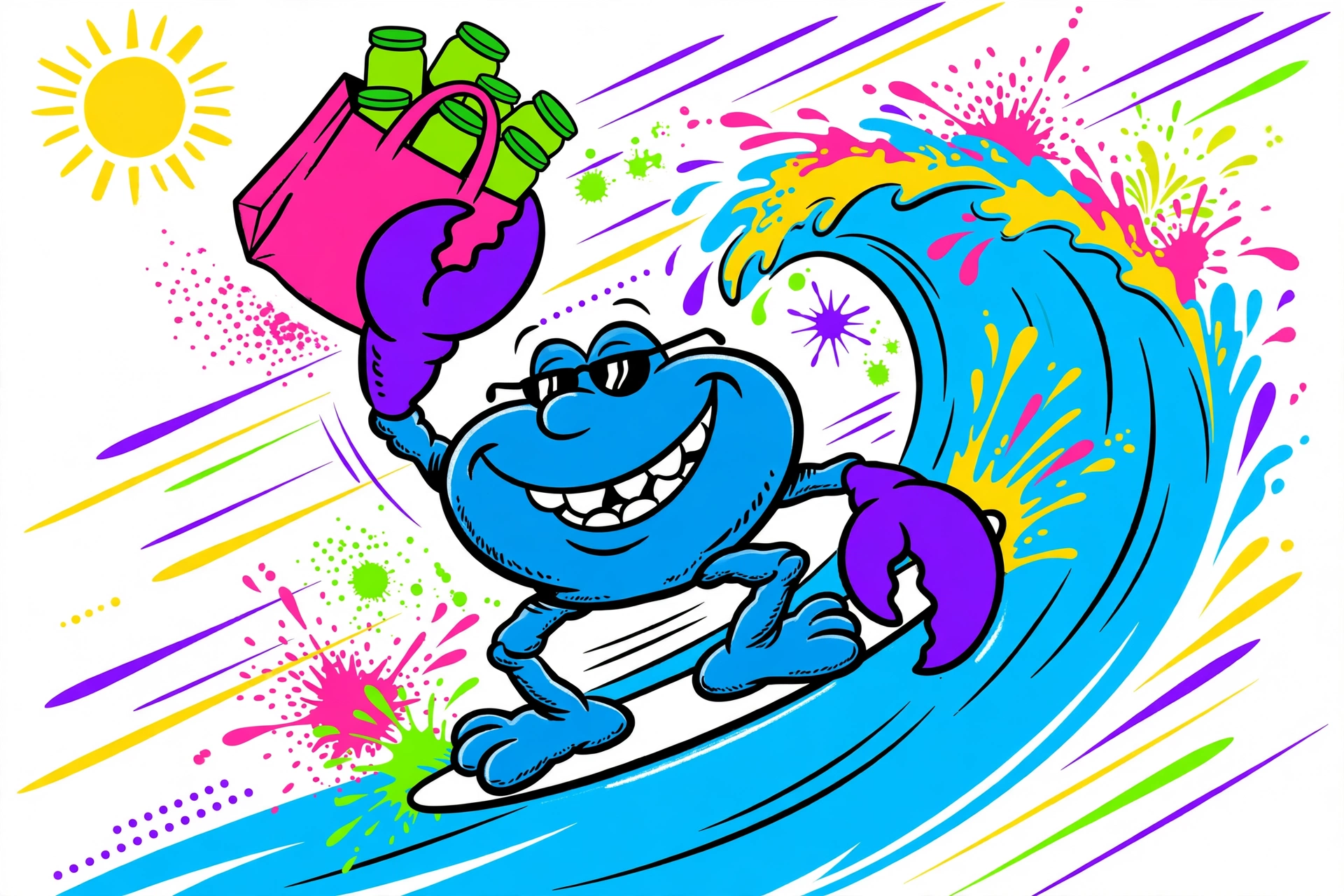 Best Buds daily deals art — a blue crab surfing with a bag of dispensary finds, retro surf-cartoon style