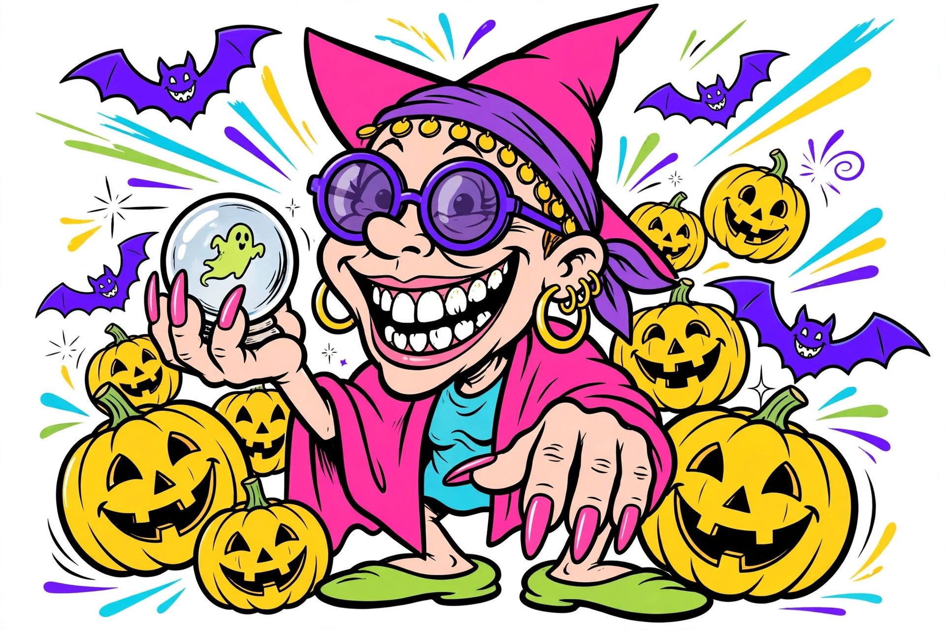 Tasha Tarot Halloween special art — Tasha in a witch hat with pumpkins, retro surf-cartoon style