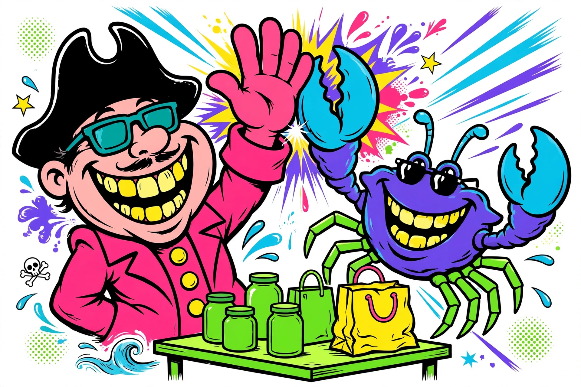 The Captain and a blue crab high-fiving over a table of finds, in Captain Baltimore's retro surf-cartoon style