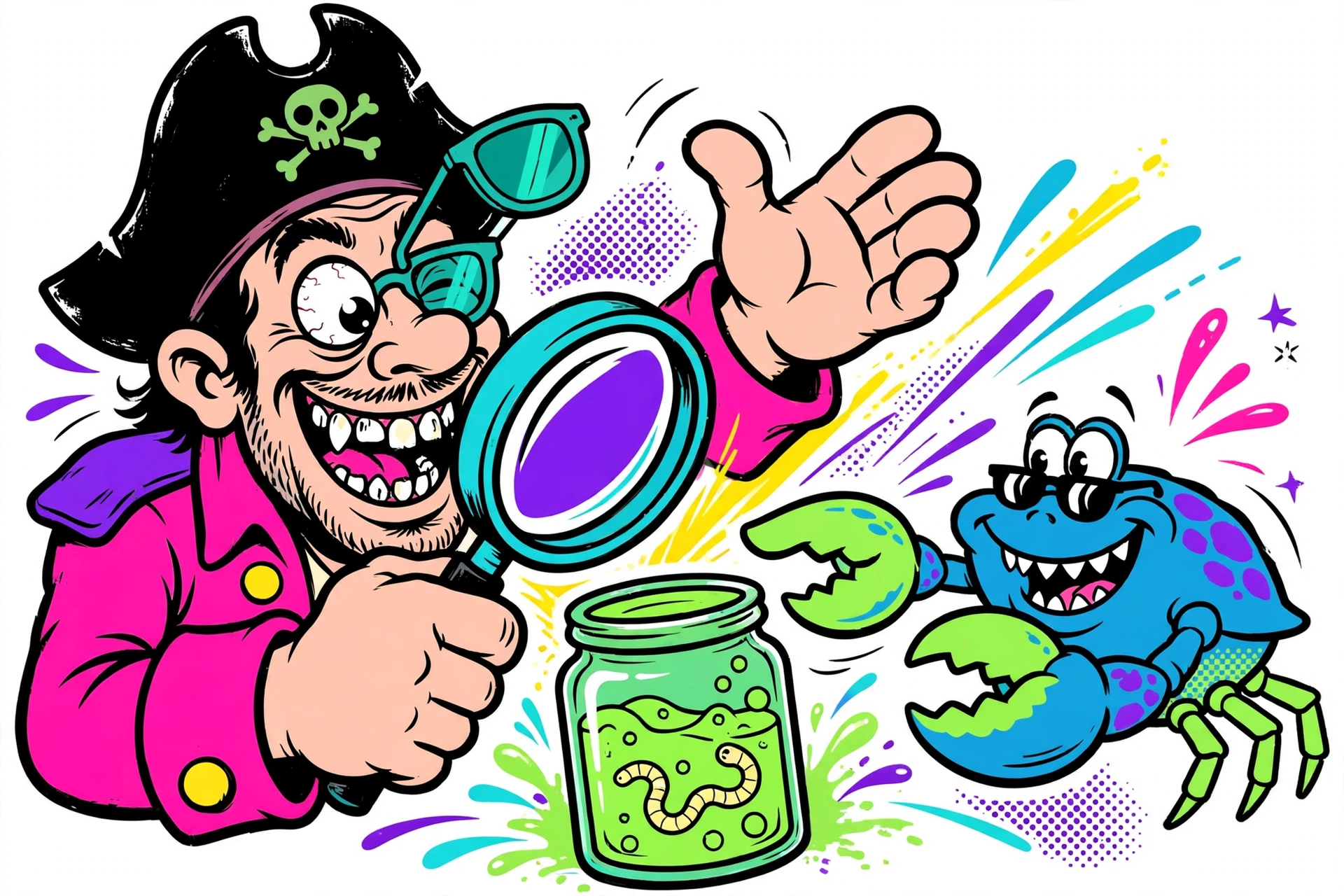 Best Buds daily deals art — the Captain hunting deals with a magnifying glass, retro surf-cartoon style