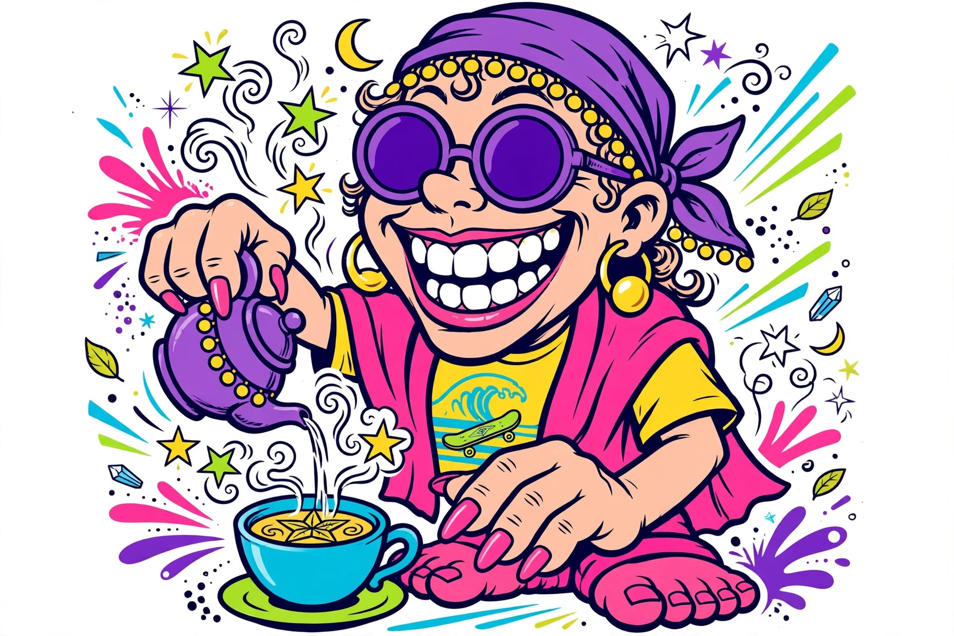 Tasha Tarot horoscope art — Tasha reading tea leaves, retro surf-cartoon style