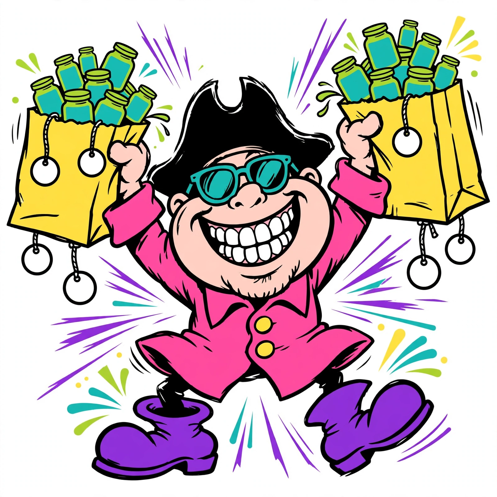 The Captain holding up bags of finds, in Captain Baltimore's retro surf-cartoon style