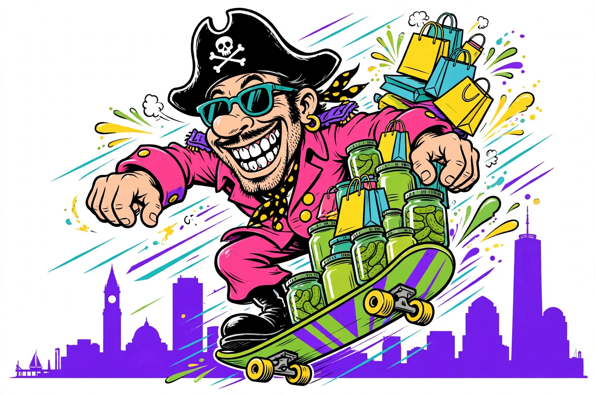 Best Buds daily deals art — the Captain skateboarding with dispensary finds, retro surf-cartoon style