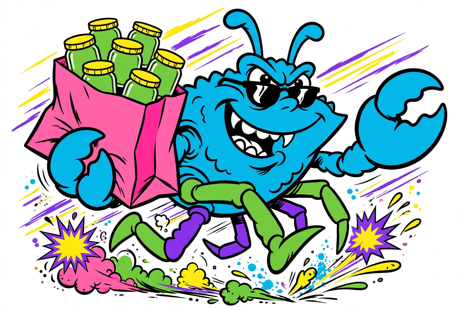 Best Buds daily deals art — a blue crab carrying a bag of dispensary finds, retro surf-cartoon style