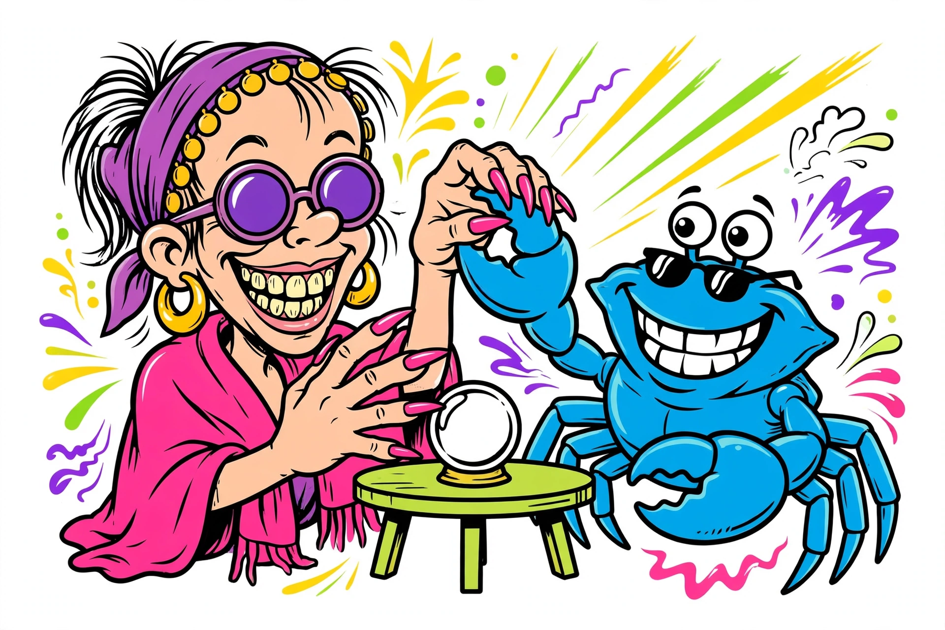 Tasha Tarot horoscope art — Tasha reading a blue crab's palm, retro surf-cartoon style