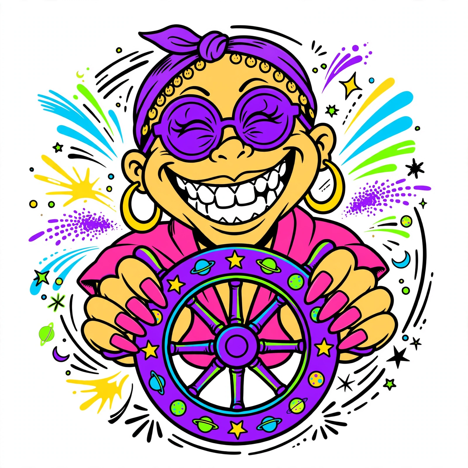 Tasha Tarot horoscope art — Tasha holding a zodiac wheel, retro surf-cartoon style
