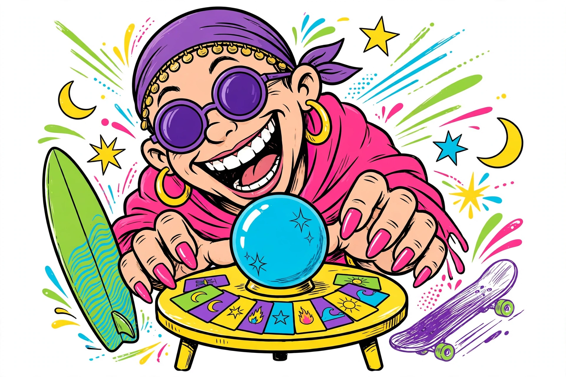 Tasha Tarot horoscope art — Tasha with her crystal ball and tarot cards, retro surf-cartoon style