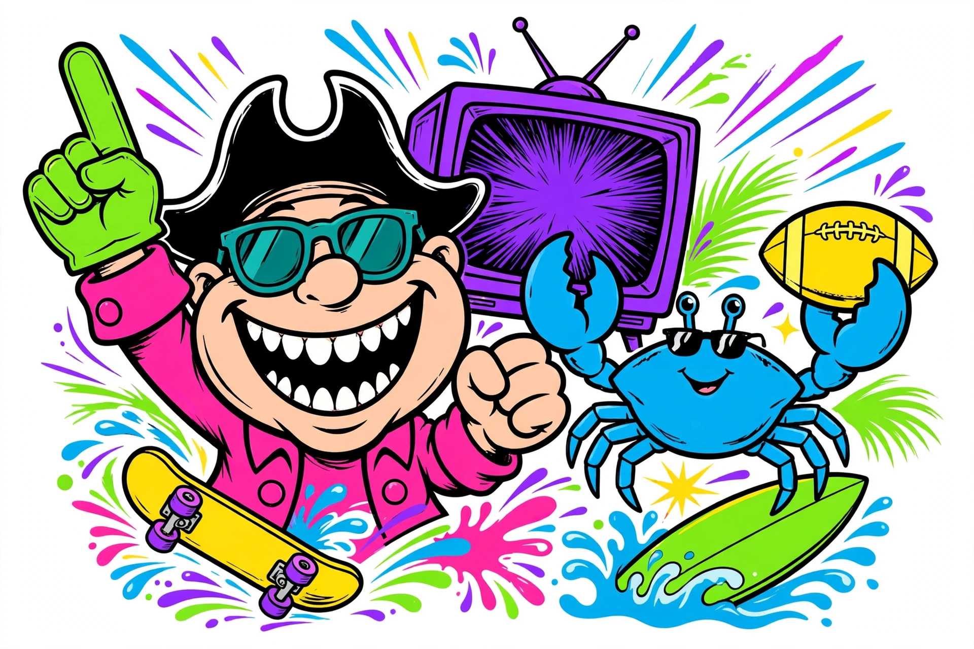 Captain Baltimore and the blue crab cheering in front of a TV with a football