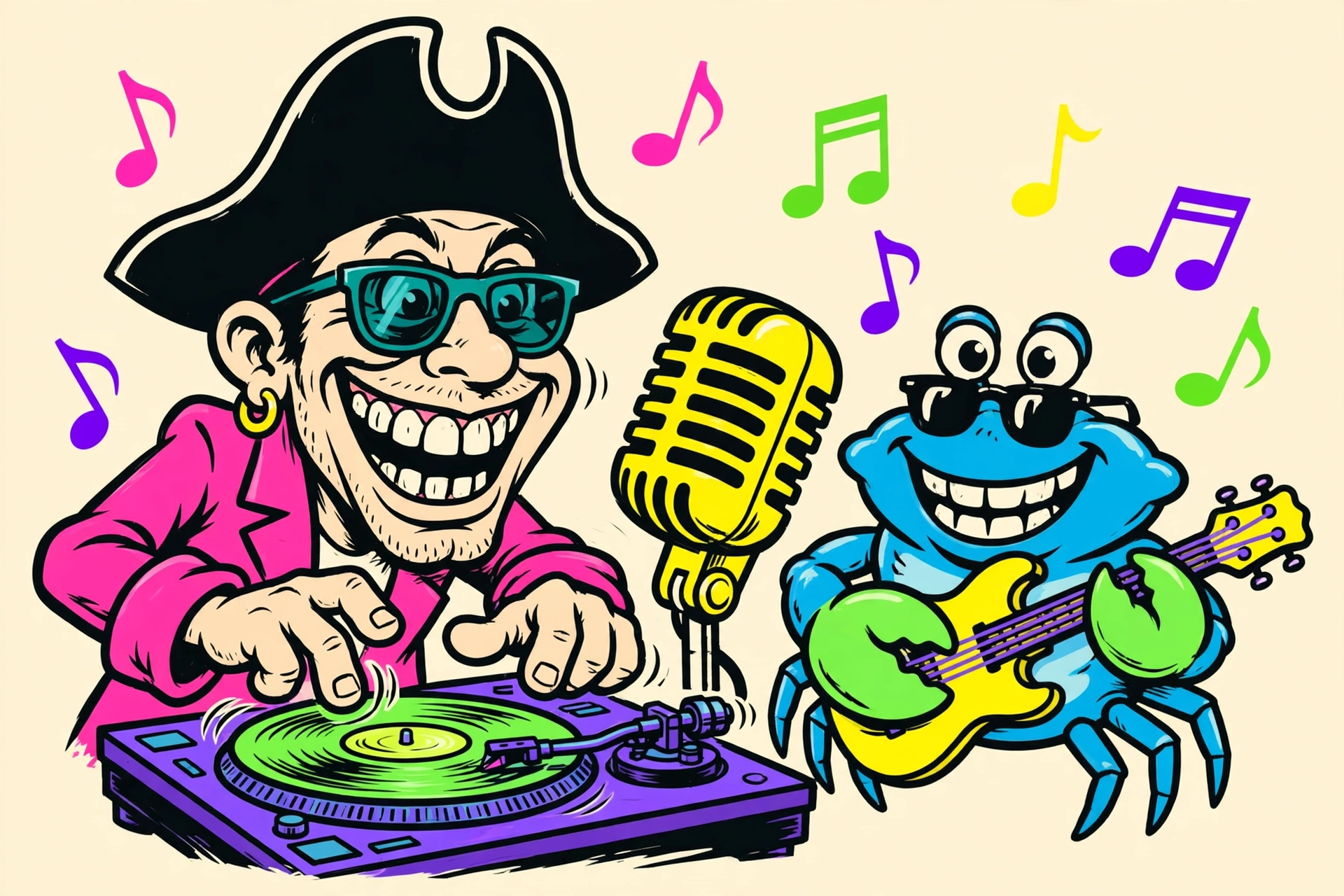 Captain Baltimore DJing at a turntable with a microphone while his blue crab friend plays guitar