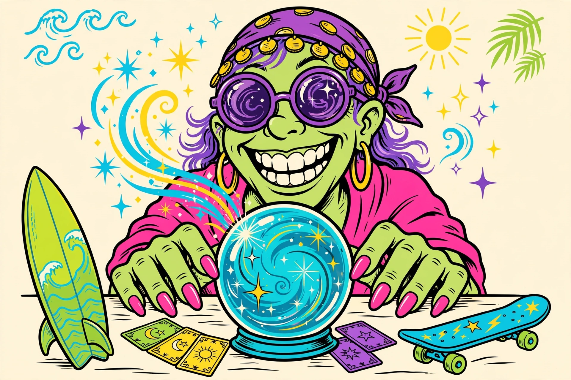 Tasha Tarot, a goofy cartoon psychic woman with a purple headscarf and oversized purple sunglasses, reading tarot cards with a crystal ball
