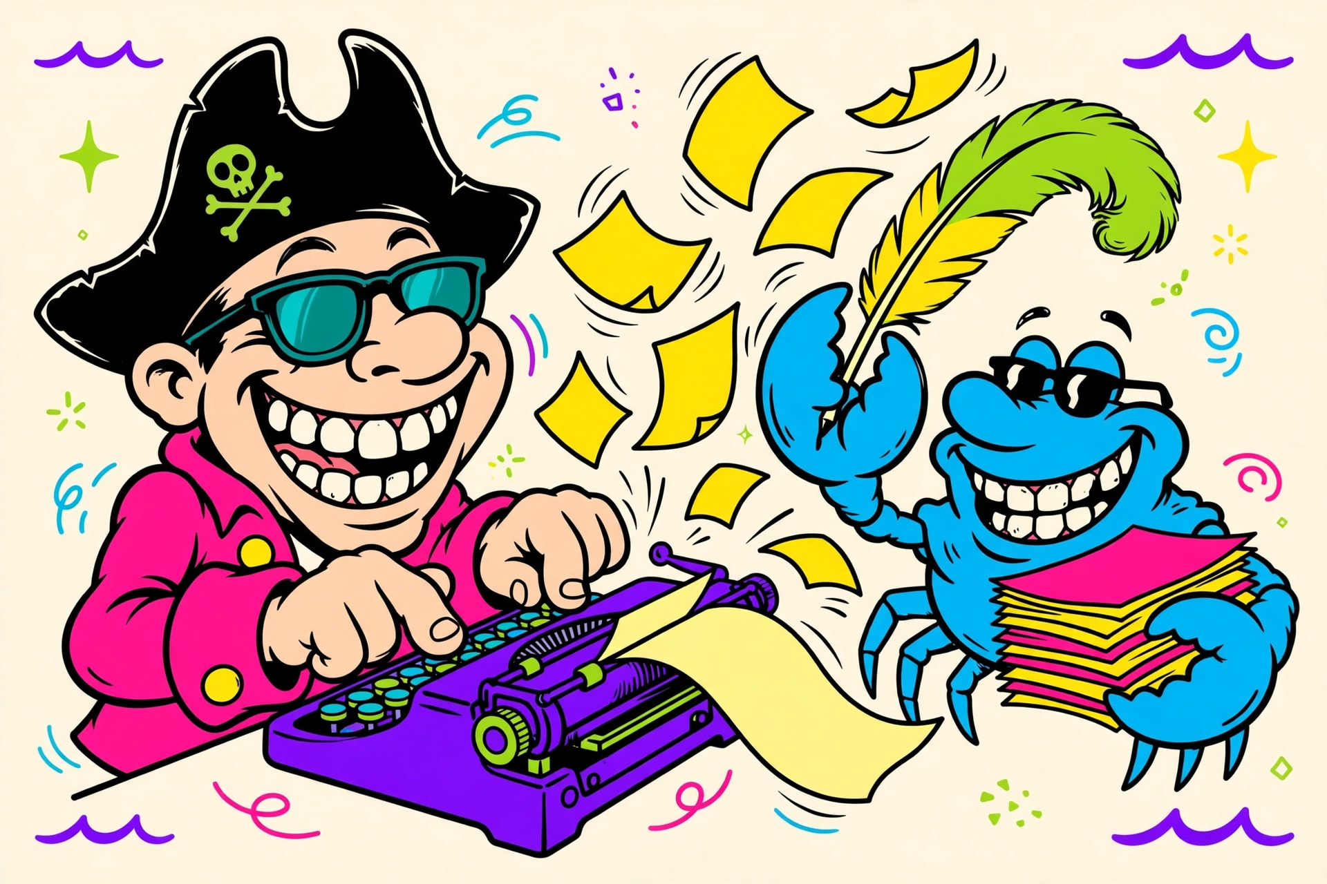 Captain Baltimore typing on a purple typewriter while his blue crab friend holds a quill pen and a stack of paper